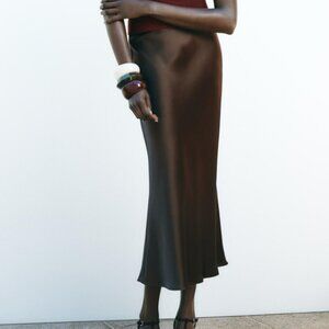 Brown Zara Satin Midi Skirt - Medium